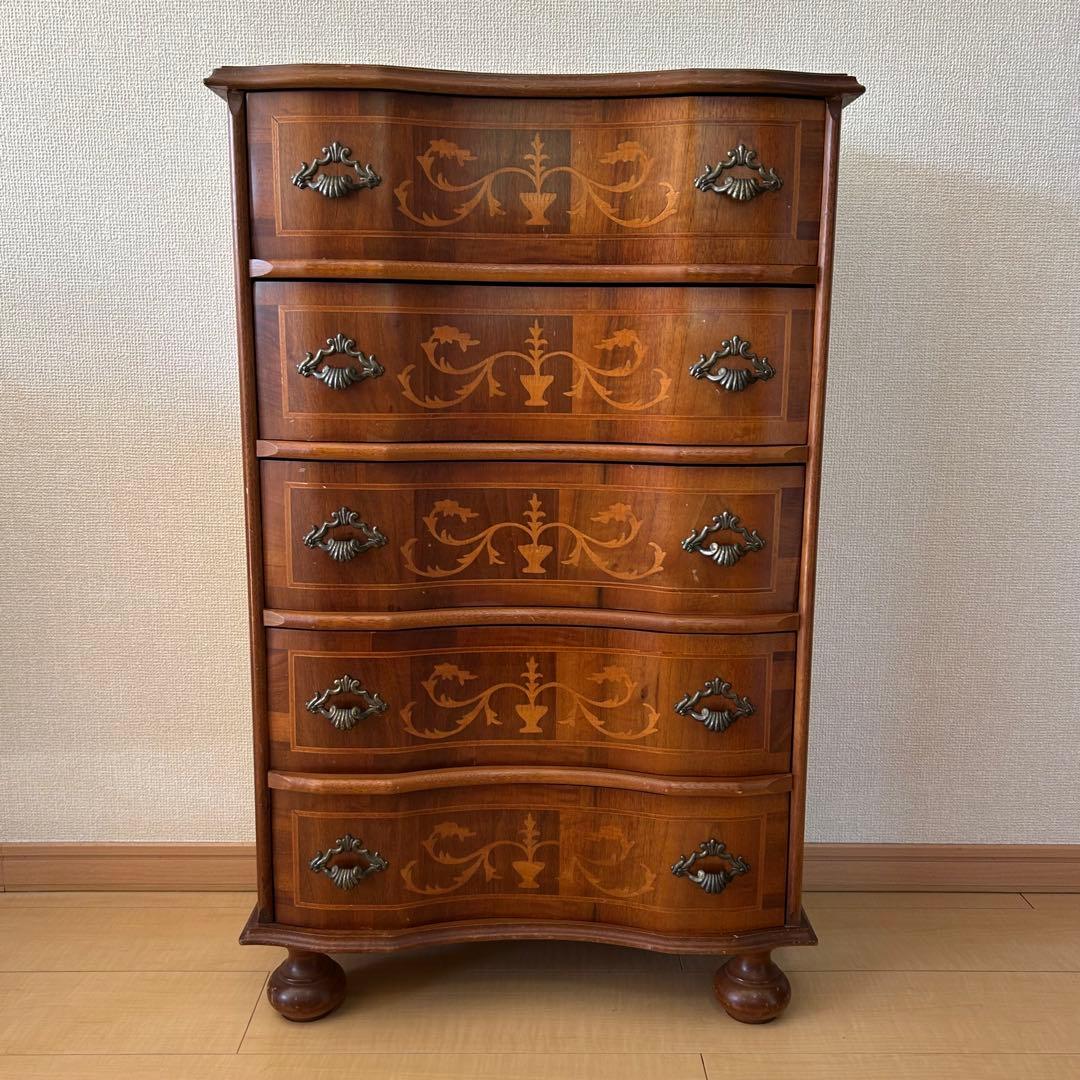 イタリア アンティーク調 丸脚5段チェスト