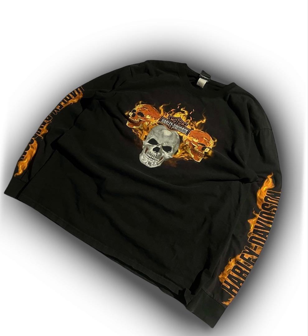 00s Harley-Davidson フレイム スカル ロンt vintage