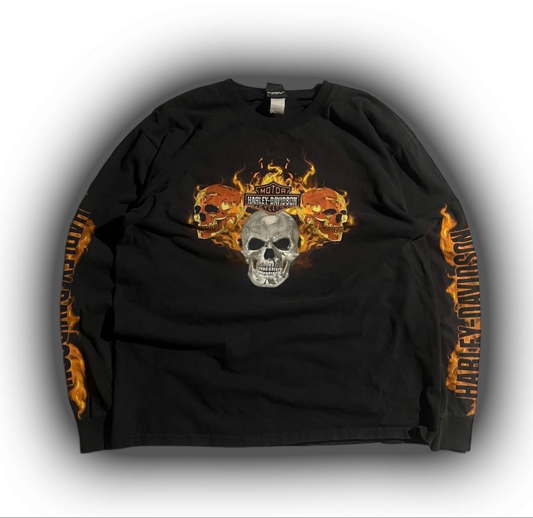 00s Harley-Davidson フレイム スカル ロンt vintage