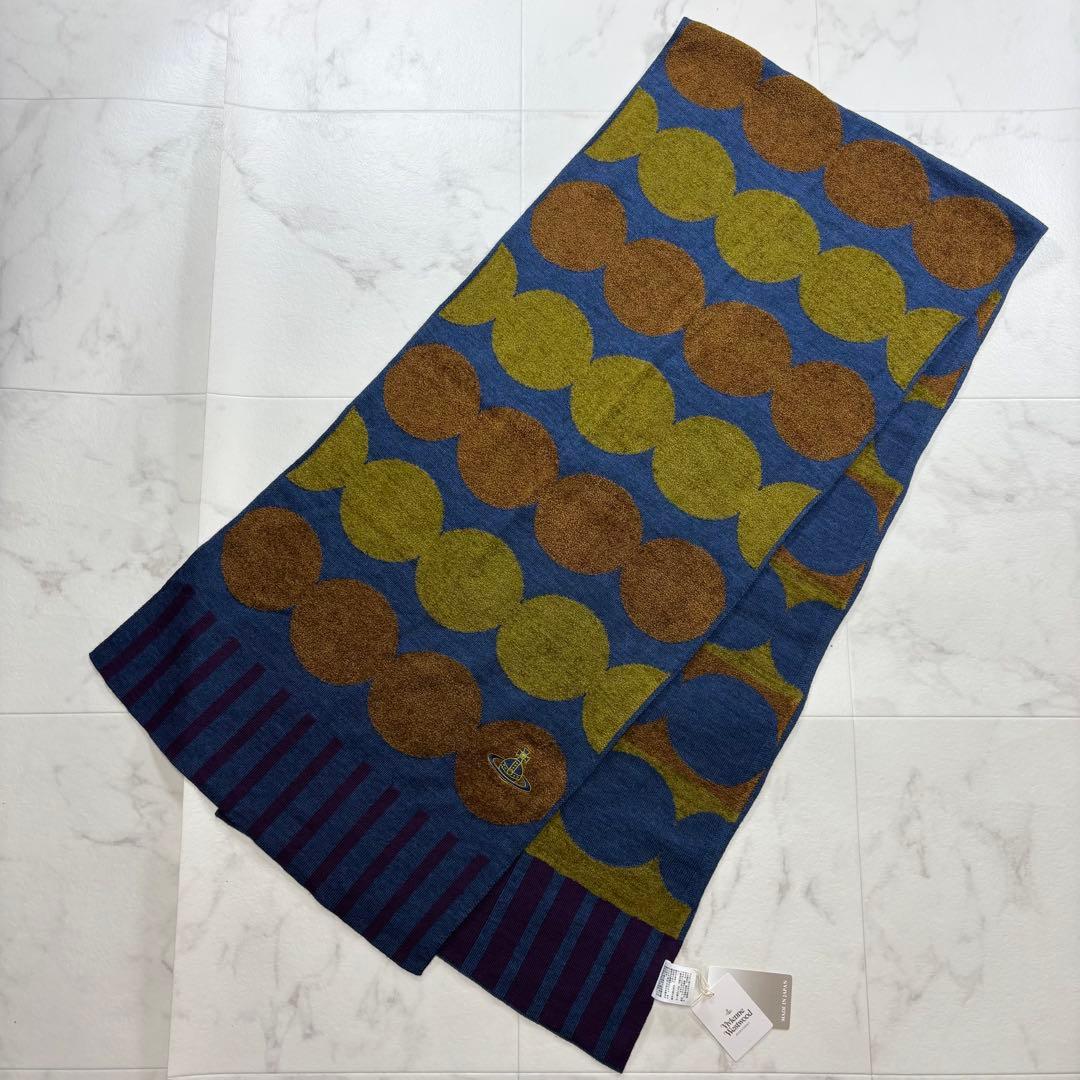 【新品】ヴィヴィアンウエストウッド ドット柄マフラー オーブ刺繍 青系 日本製