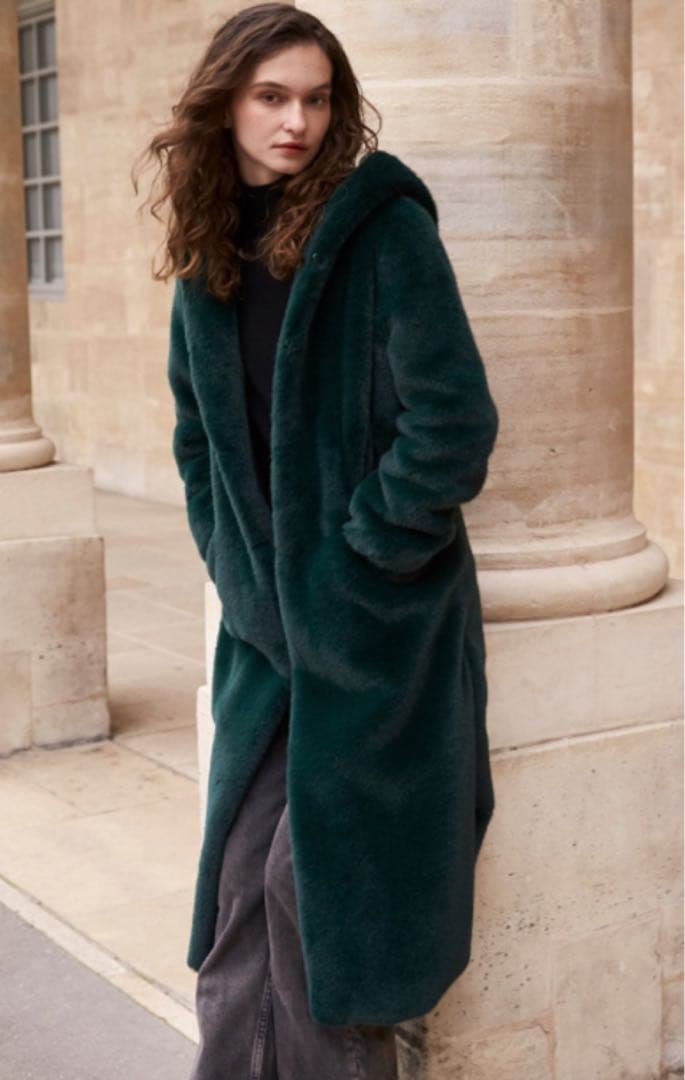 レモンプレット　ダークグリーン フード付きファーコート