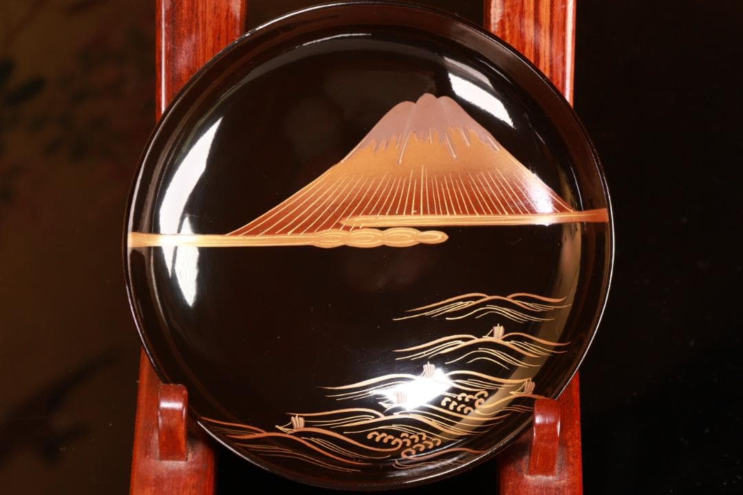 ジン、BJ022 時代輪島塗　波に雲上富士図金蒔絵　吸物椀　二客　木製