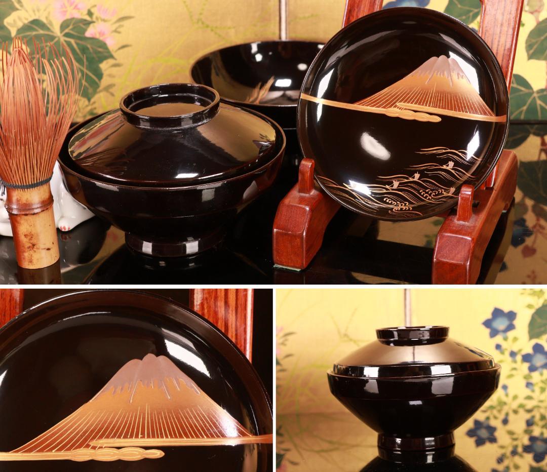 ジン、BJ022 時代輪島塗　波に雲上富士図金蒔絵　吸物椀　二客　木製