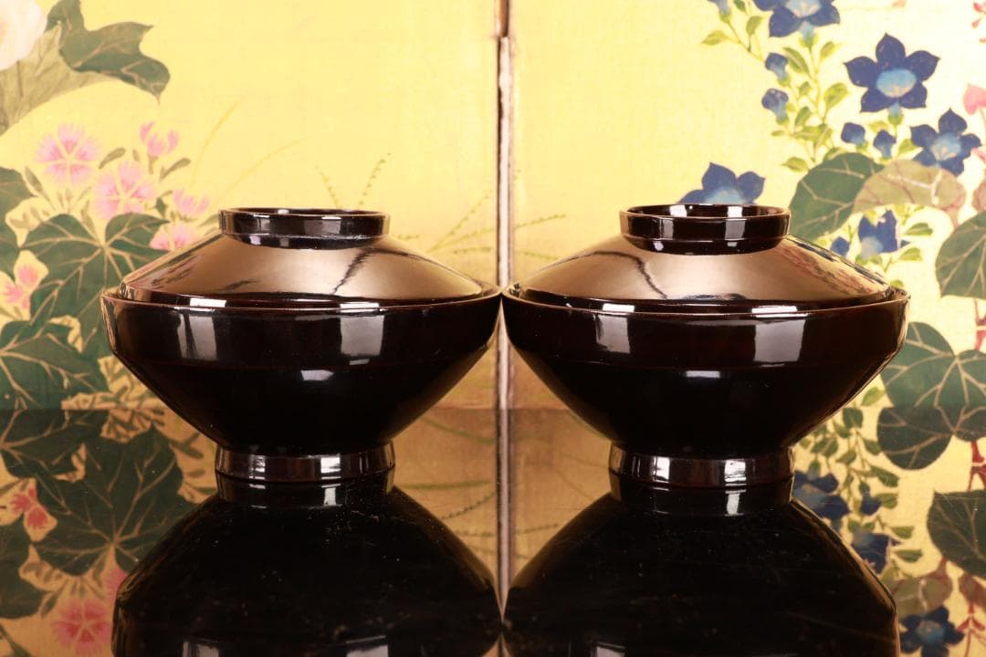 ジン、BJ022 時代輪島塗　波に雲上富士図金蒔絵　吸物椀　二客　木製