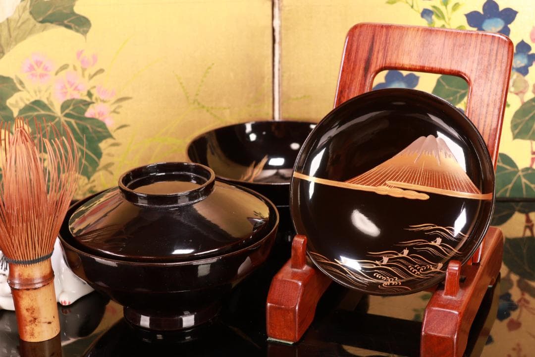 ジン、BJ022 時代輪島塗　波に雲上富士図金蒔絵　吸物椀　二客　木製