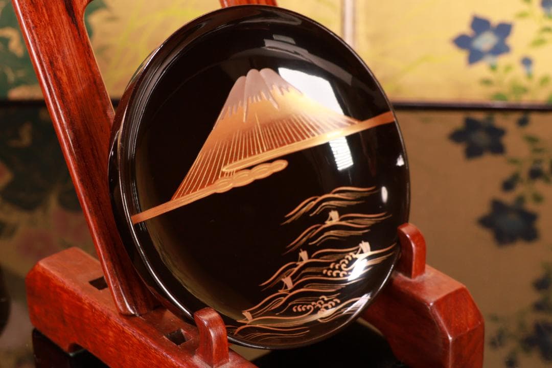 ジン、BJ022 時代輪島塗　波に雲上富士図金蒔絵　吸物椀　二客　木製