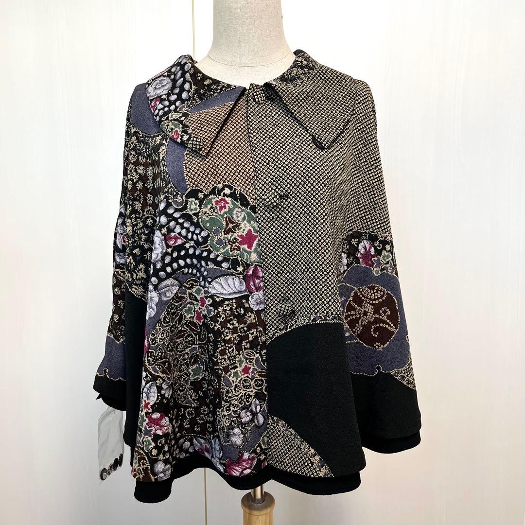 詩仙堂　日本製　ちりめん織　リバーシブル　ケープ　マント　花柄　未使用タグ付き