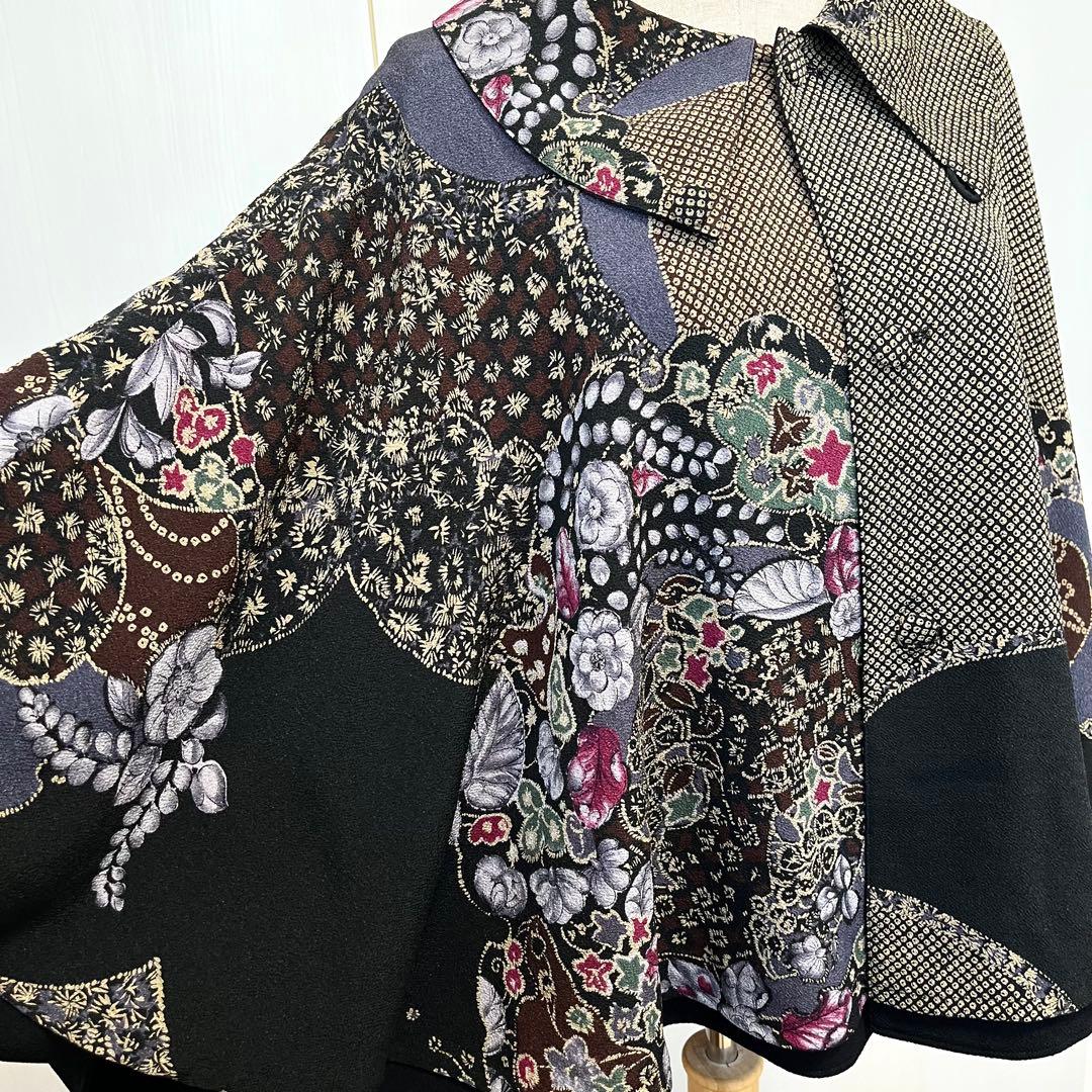 詩仙堂　日本製　ちりめん織　リバーシブル　ケープ　マント　花柄　未使用タグ付き