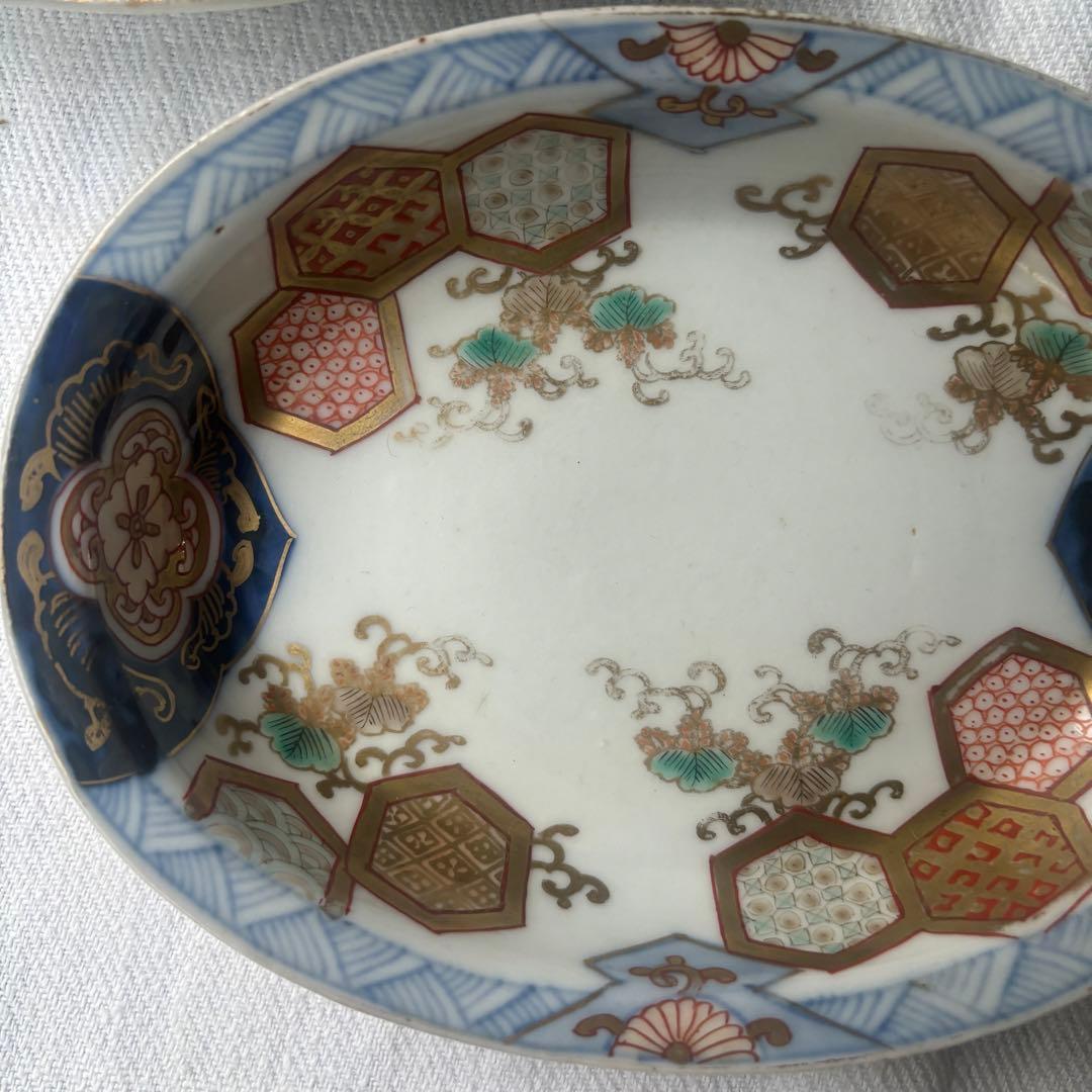 時代伊万里　洒落た亀甲幾何学デザインのオーバル楕円皿　2点（古伊万里骨董古道具器