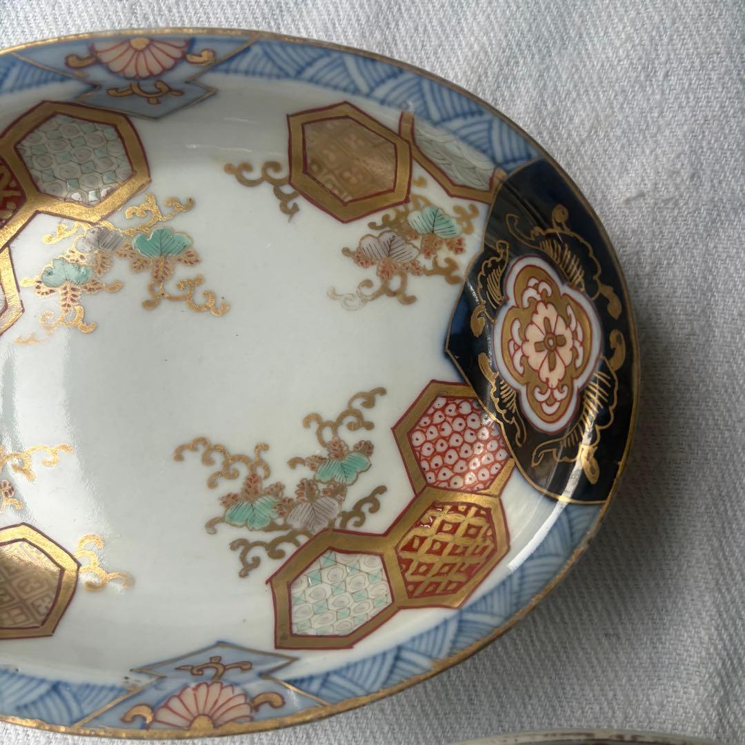 時代伊万里　洒落た亀甲幾何学デザインのオーバル楕円皿　2点（古伊万里骨董古道具器
