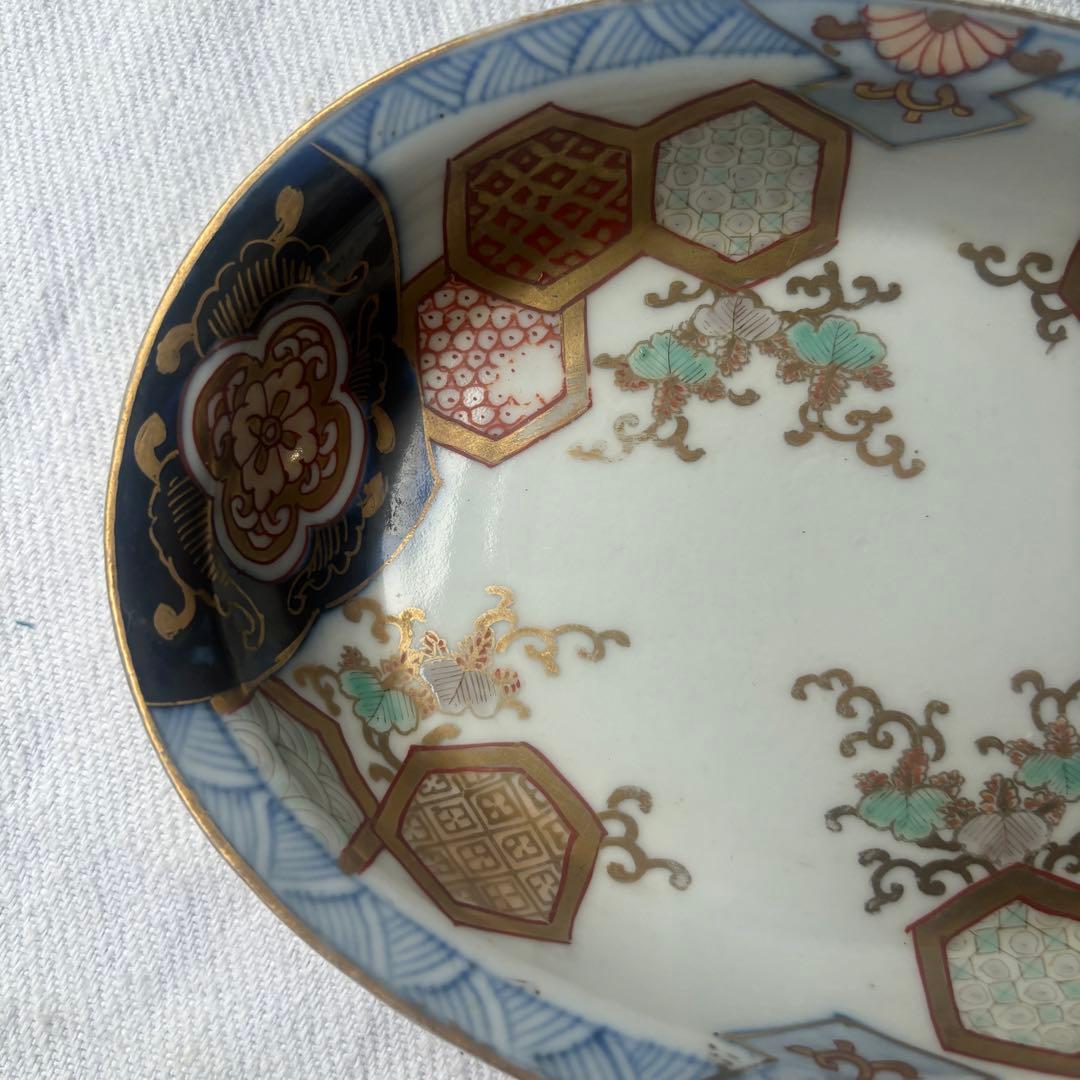 時代伊万里　洒落た亀甲幾何学デザインのオーバル楕円皿　2点（古伊万里骨董古道具器
