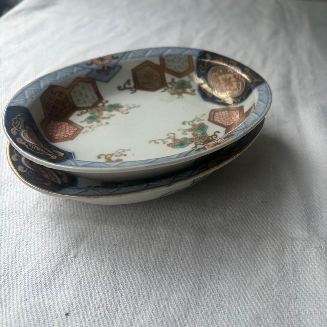 時代伊万里　洒落た亀甲幾何学デザインのオーバル楕円皿　2点（古伊万里骨董古道具器