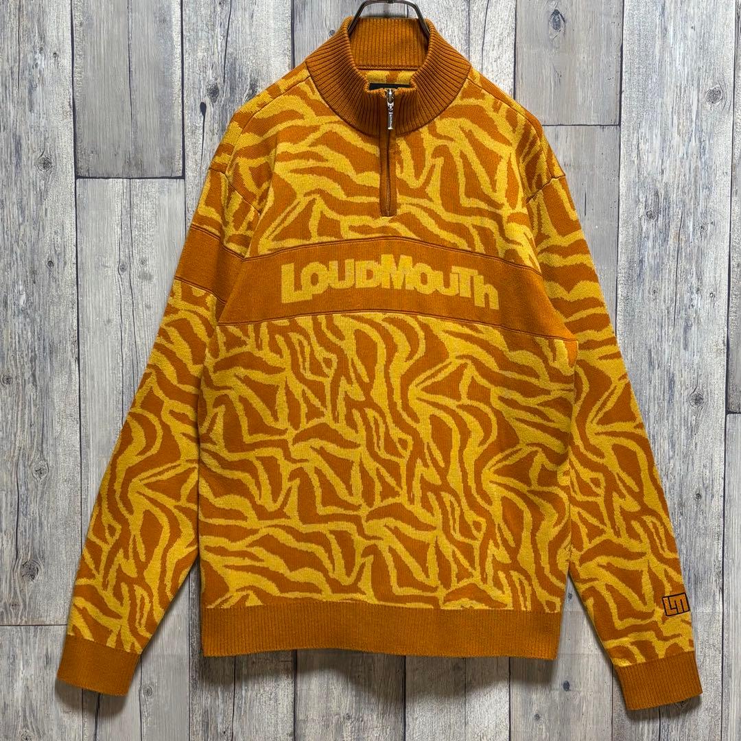 ラウドマウス　ニット　セーター　ハーフジップ　総柄　ビックロゴ　ウール混　L