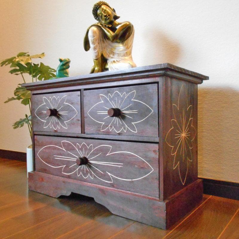 980円 値下げ品‼︎ 花柄模様 チェスト アジアン家具 バリ家具 完成品家具