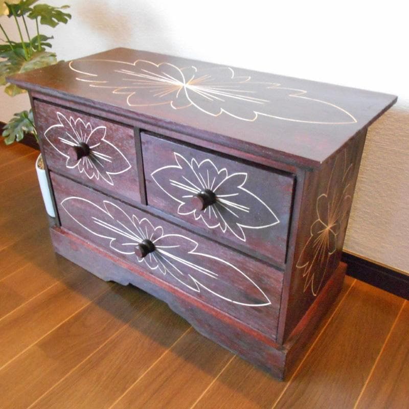 980円 値下げ品‼︎ 花柄模様 チェスト アジアン家具 バリ家具 完成品家具