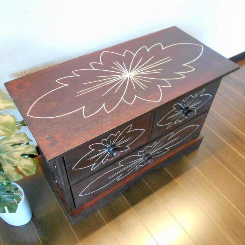 980円 値下げ品‼︎ 花柄模様 チェスト アジアン家具 バリ家具 完成品家具