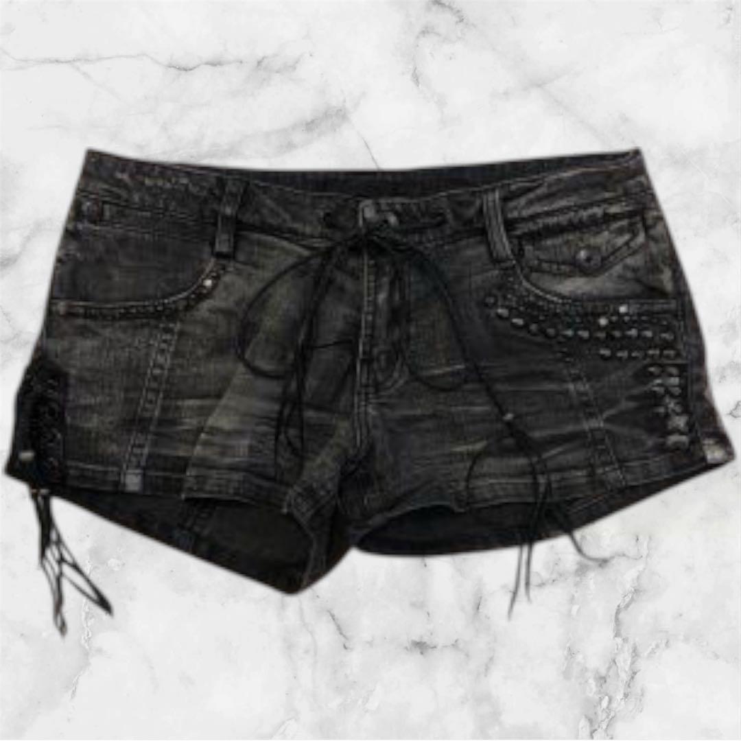 希少kmrii ケムリスタッズ装飾 ブラックデニムショートパンツ　ストーン付き