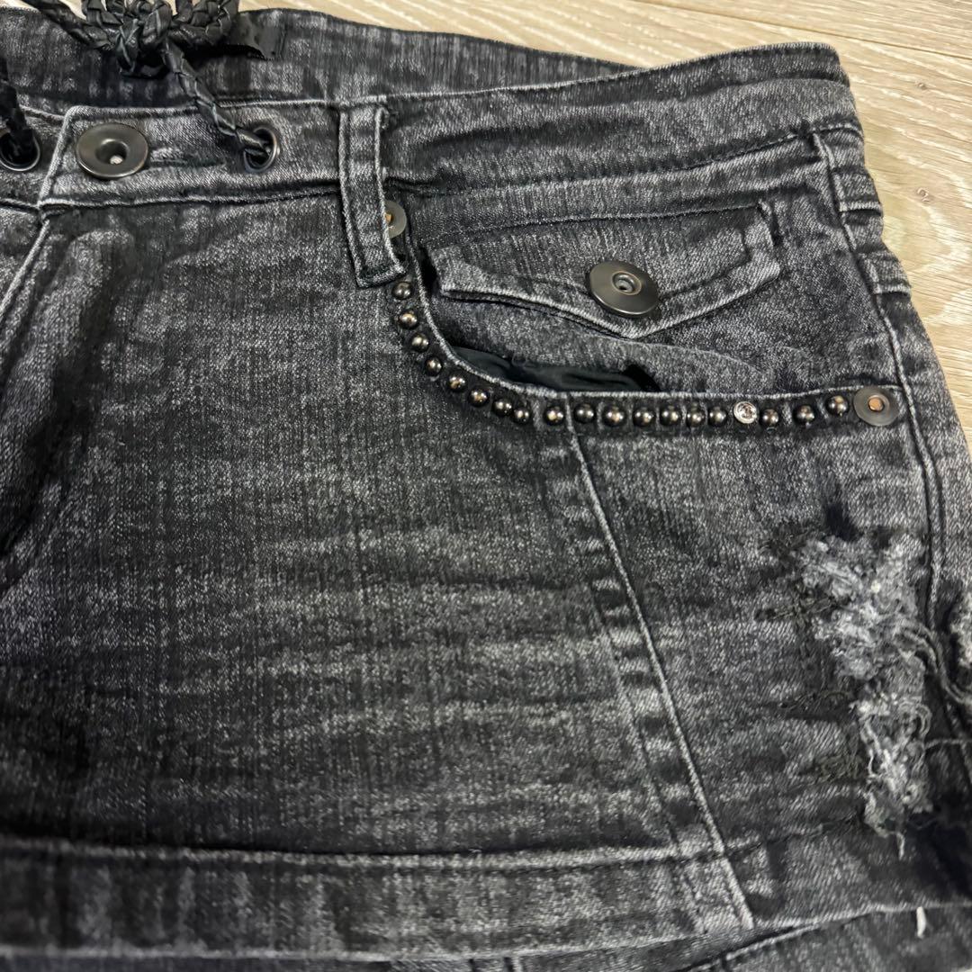希少kmrii ケムリスタッズ装飾 ブラックデニムショートパンツ　ストーン付き