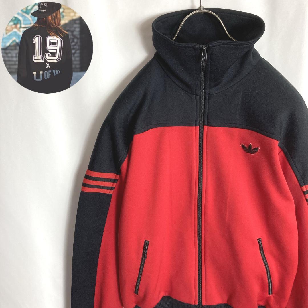 80s古着アディダス 西ドイツ デサント製トラックジャケット ジャージ 赤黒色