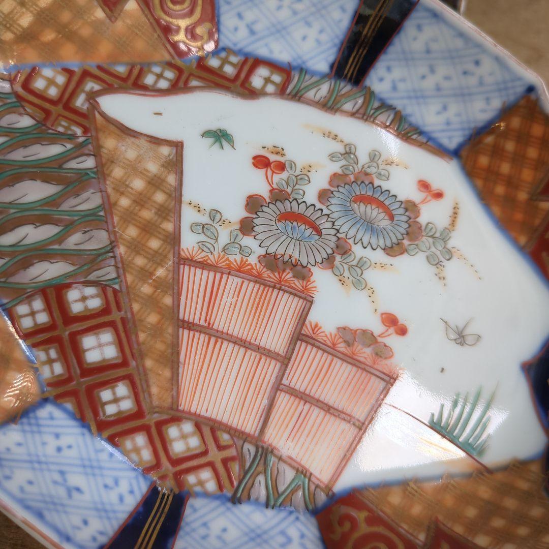 骨董 伊万里 変形皿 ひし形 錦出 色絵 向付 陶器 アンティーク 5枚