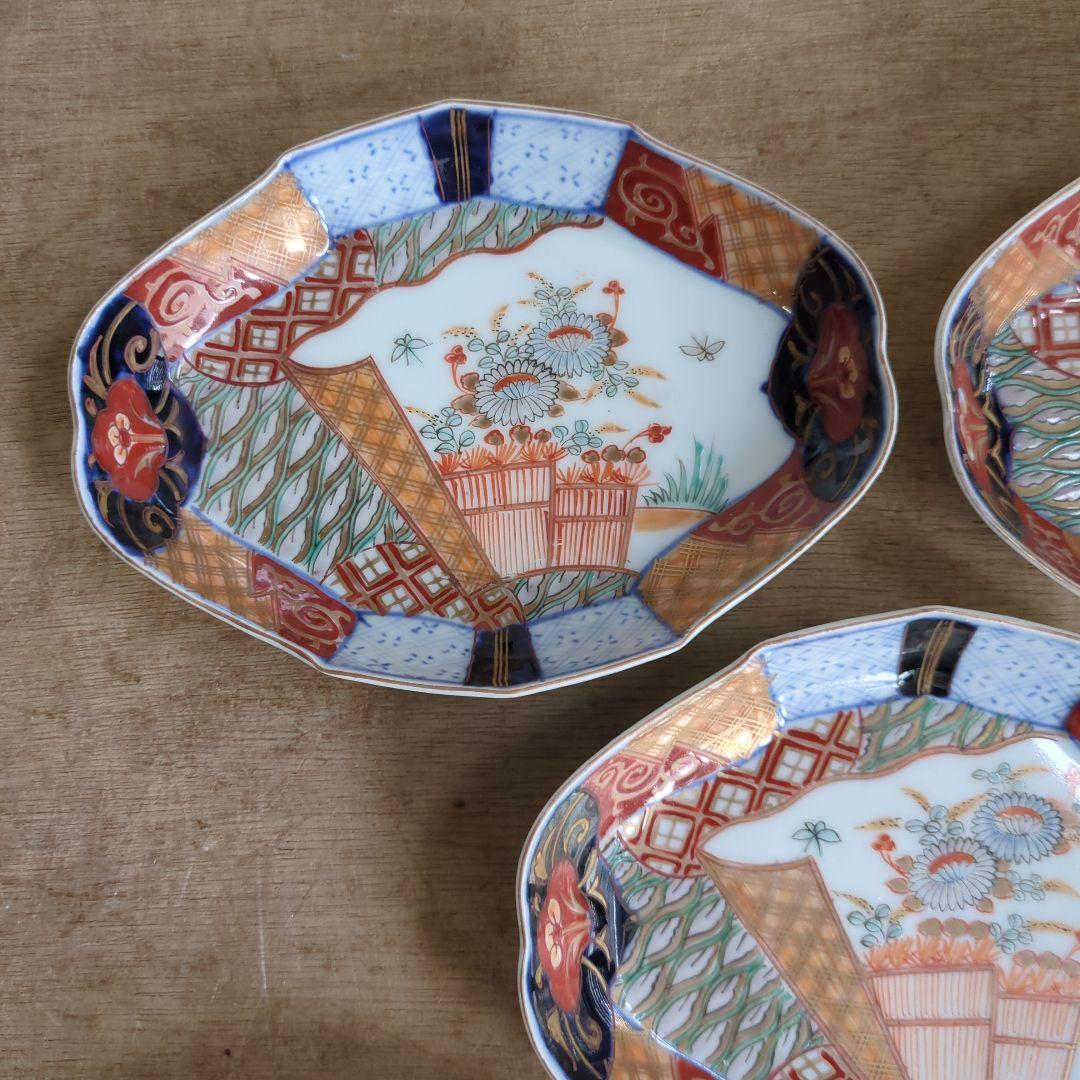 骨董 伊万里 変形皿 ひし形 錦出 色絵 向付 陶器 アンティーク 5枚