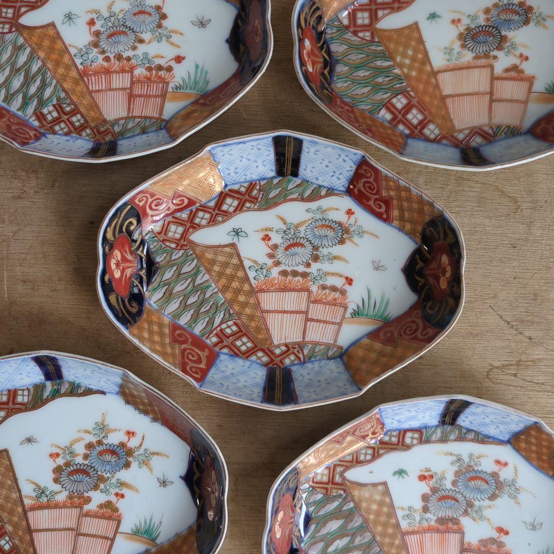 骨董 伊万里 変形皿 ひし形 錦出 色絵 向付 陶器 アンティーク 5枚