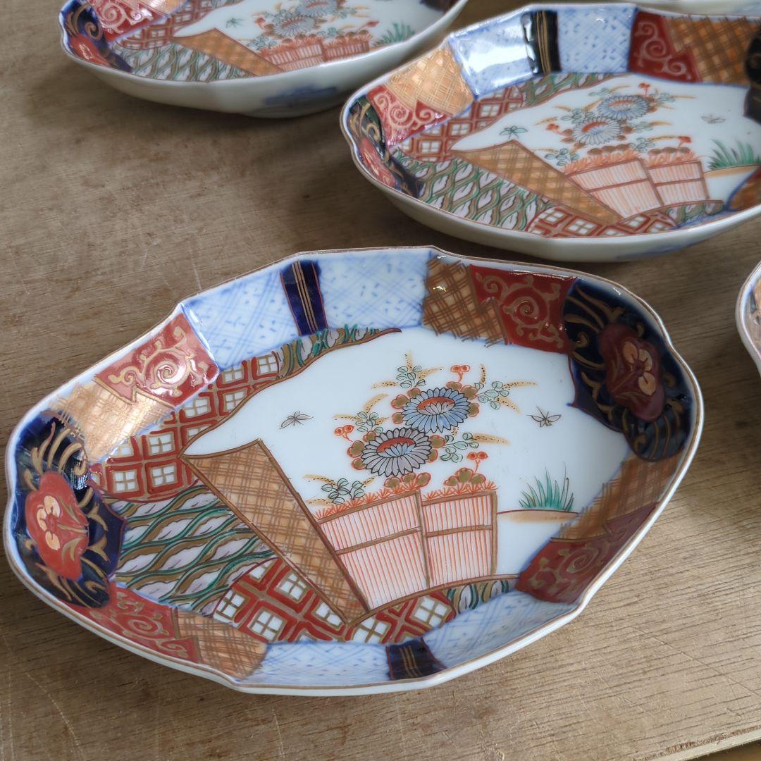 骨董 伊万里 変形皿 ひし形 錦出 色絵 向付 陶器 アンティーク 5枚