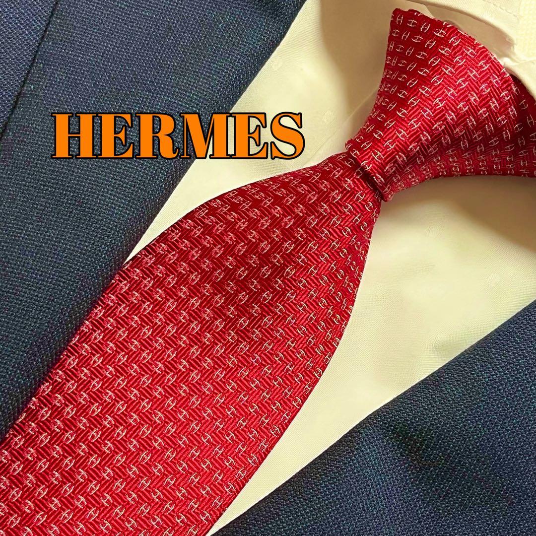 極美品　現行　エルメス　レッド　赤　ナロータイ　H柄　ファソネ　ジャガード