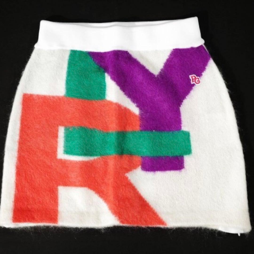 【PEARLY GATES】秋冬モヘヤ混 羊毛ニットスカートカラフルロゴ・1番M