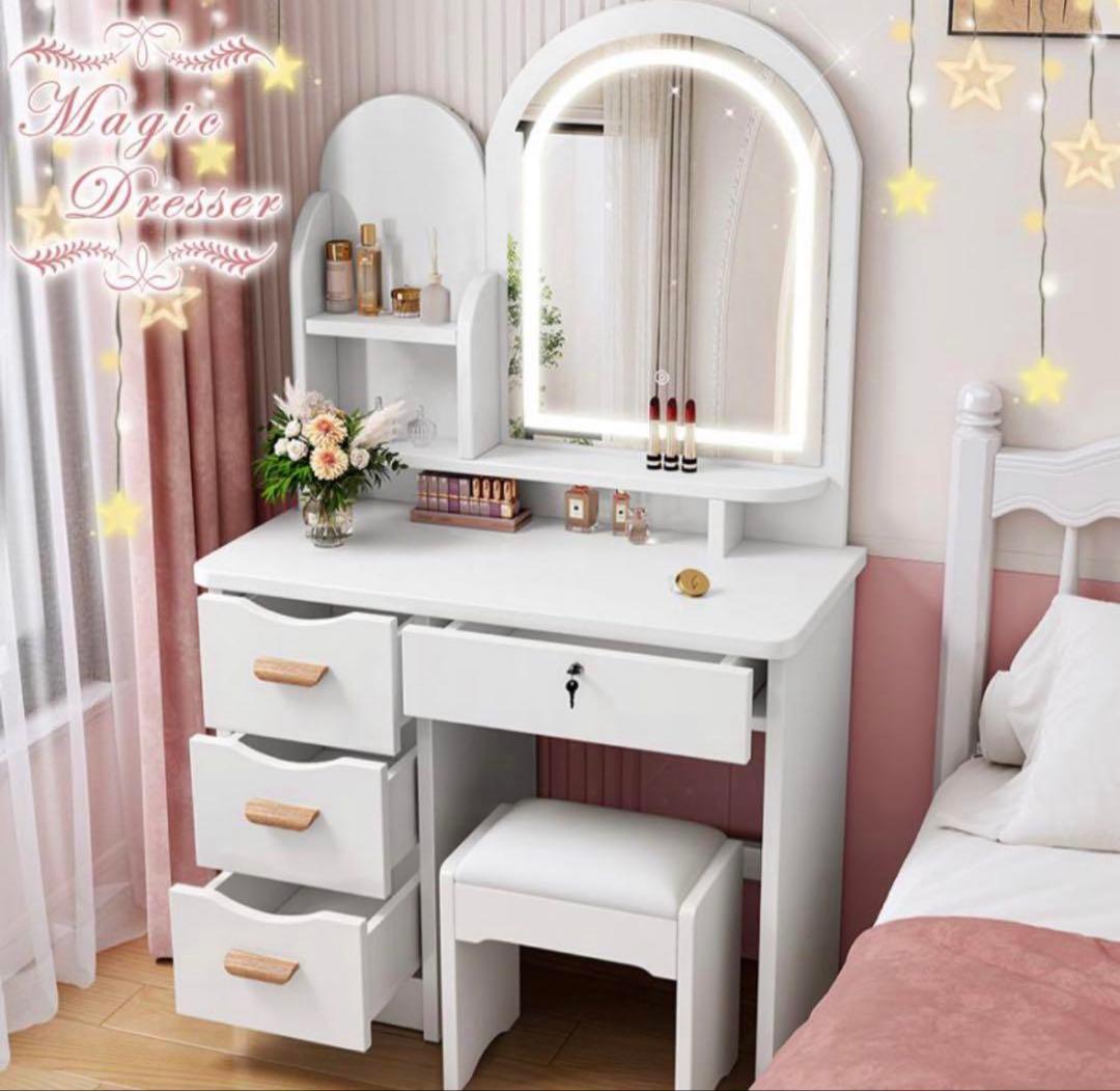 【限定セール】新品ドレッサー 北欧風 化粧台 LED三色変更大鏡面 スツール付き