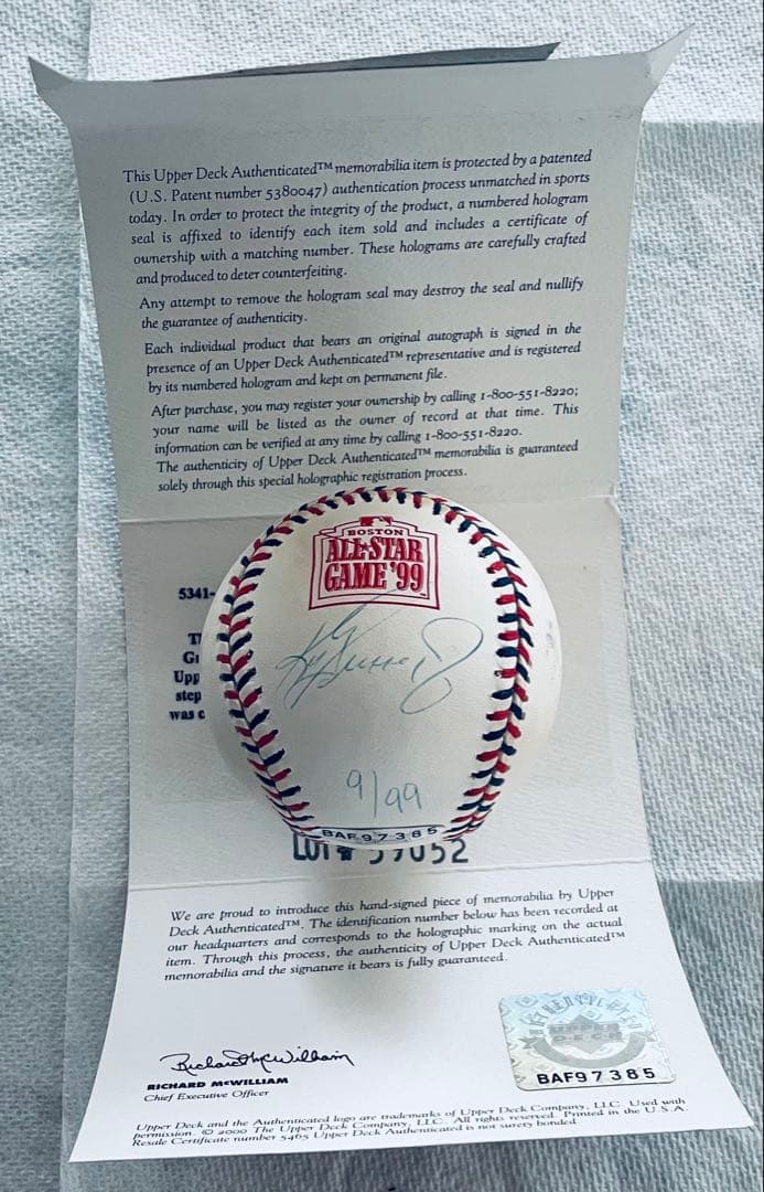 ケン・グリフィーJr. サイン1999年オールスターボール　9/99 証明書