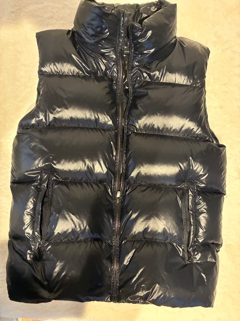 【極暖/美品】ジョンブル ダウンベスト L 黒 光沢 フード着脱可 ダウン95%