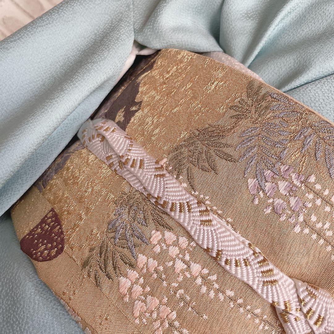 色無地　フルセット　唐草地紋　水色　シンプル　礼装　カジュアル　着物　I9