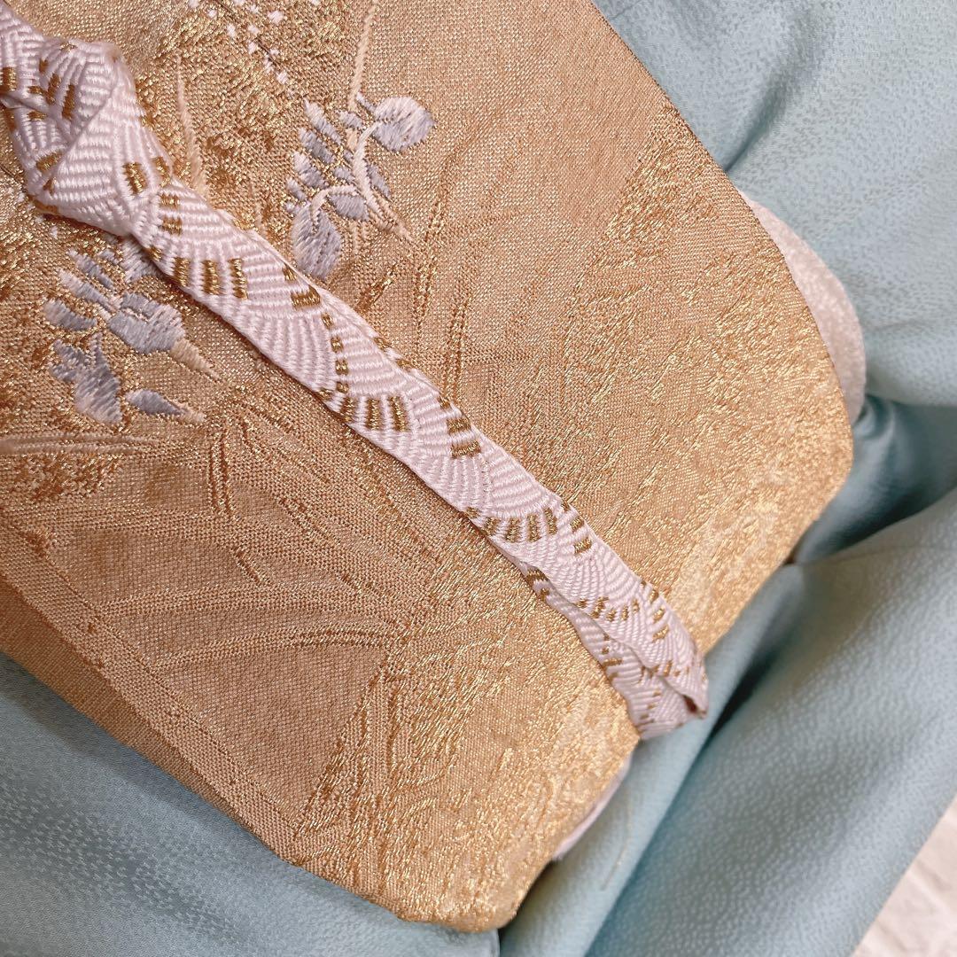 色無地　フルセット　唐草地紋　水色　シンプル　礼装　カジュアル　着物　I9