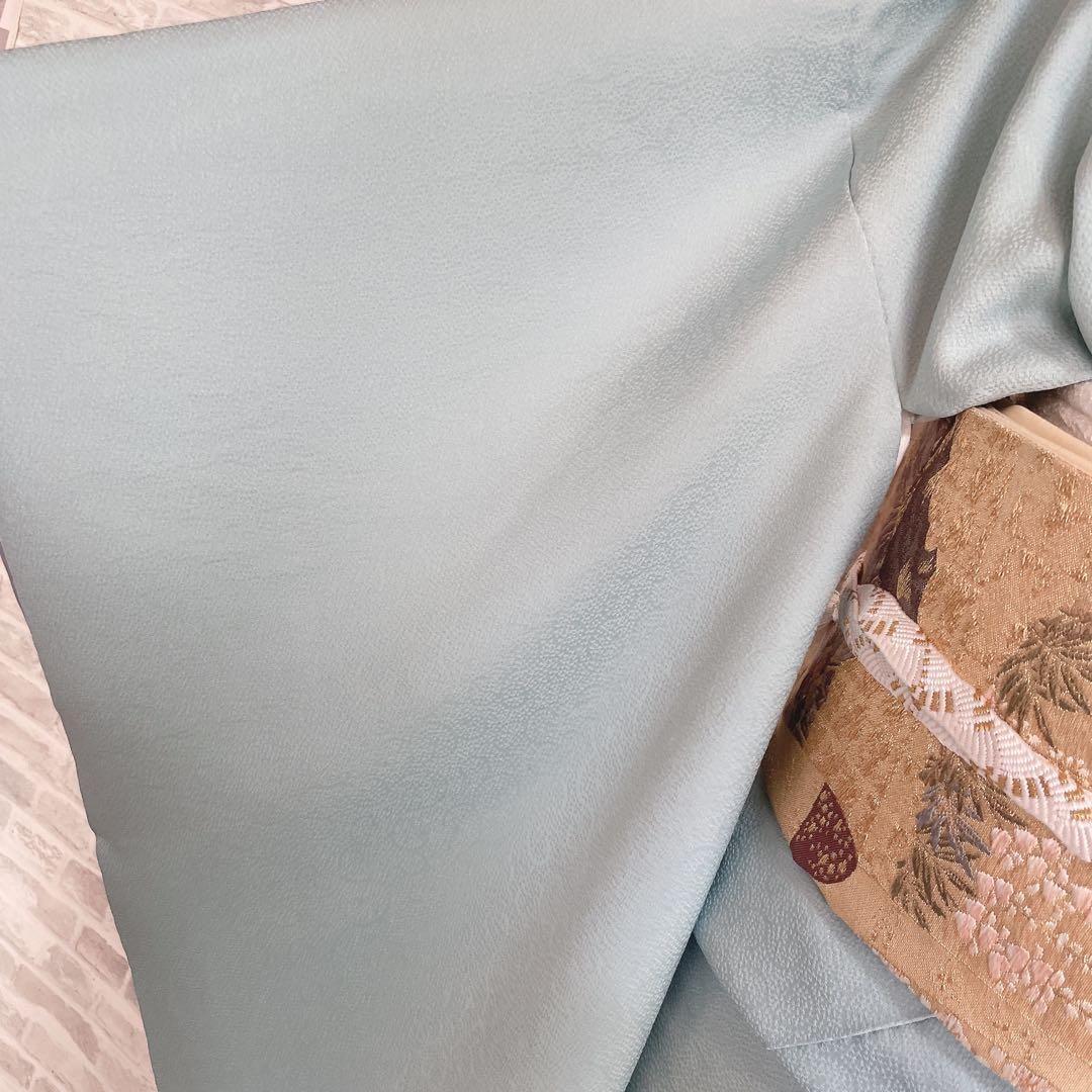 色無地　フルセット　唐草地紋　水色　シンプル　礼装　カジュアル　着物　I9