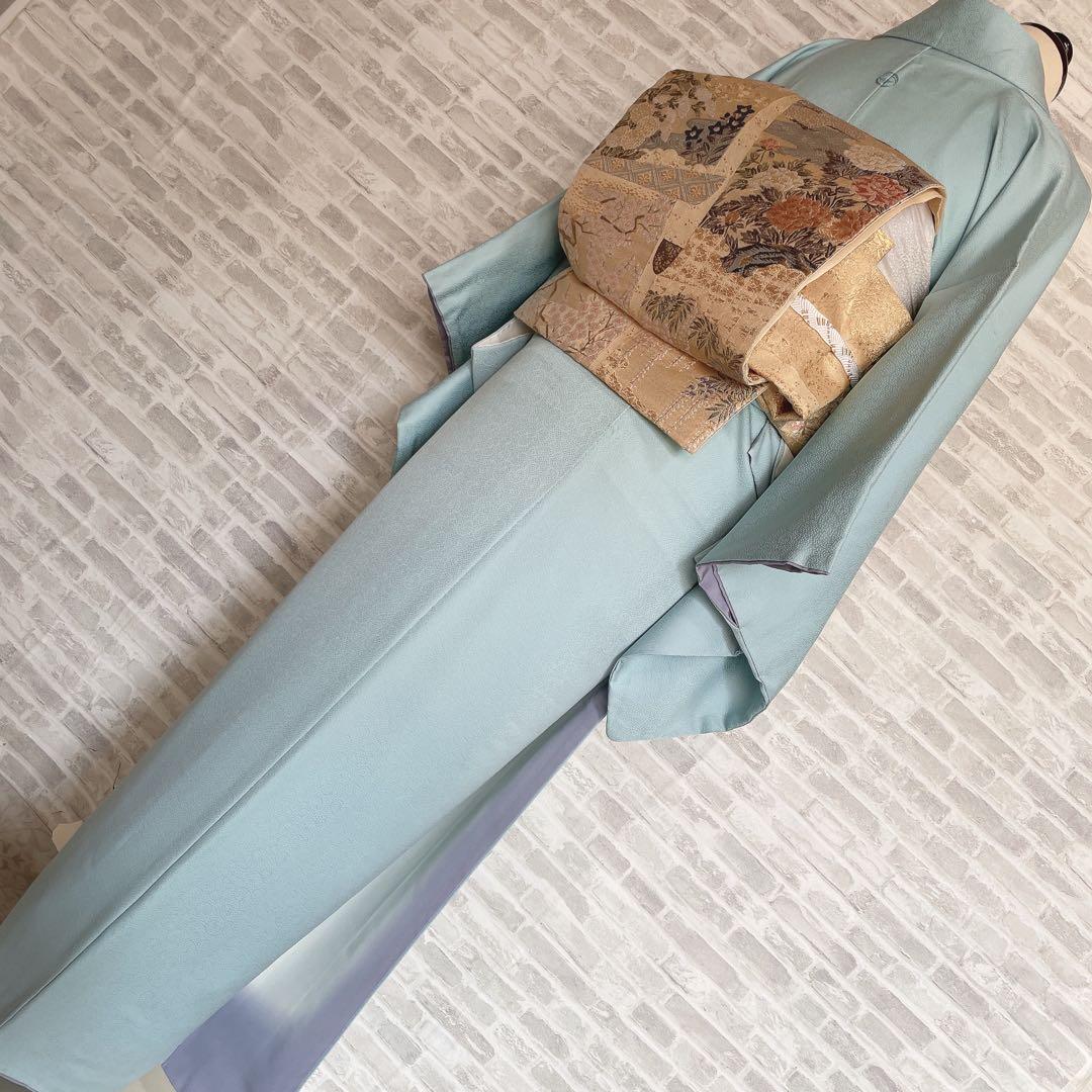 色無地　フルセット　唐草地紋　水色　シンプル　礼装　カジュアル　着物　I9