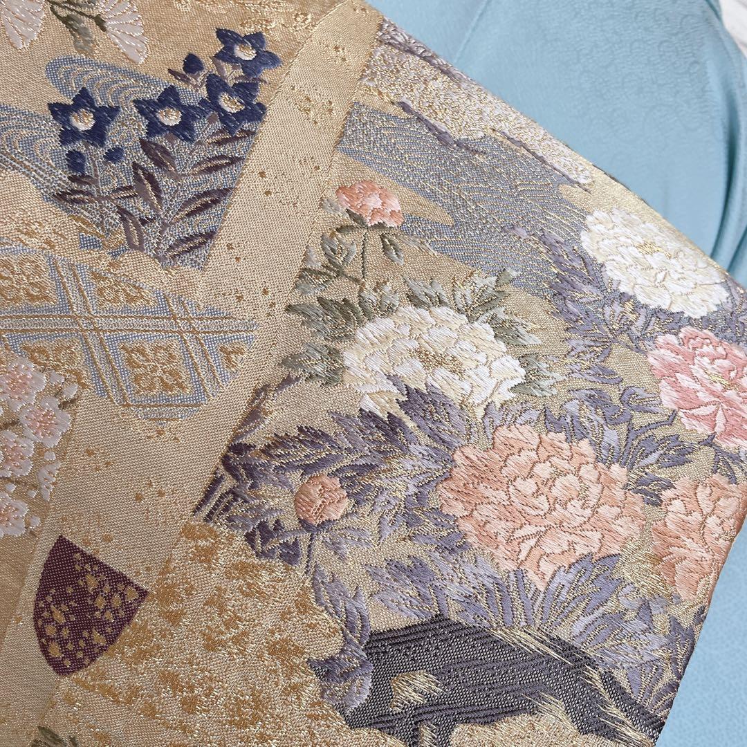 色無地　フルセット　唐草地紋　水色　シンプル　礼装　カジュアル　着物　I9