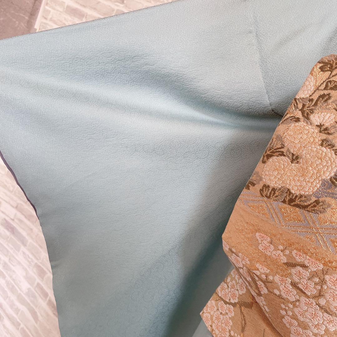 色無地　フルセット　唐草地紋　水色　シンプル　礼装　カジュアル　着物　I9