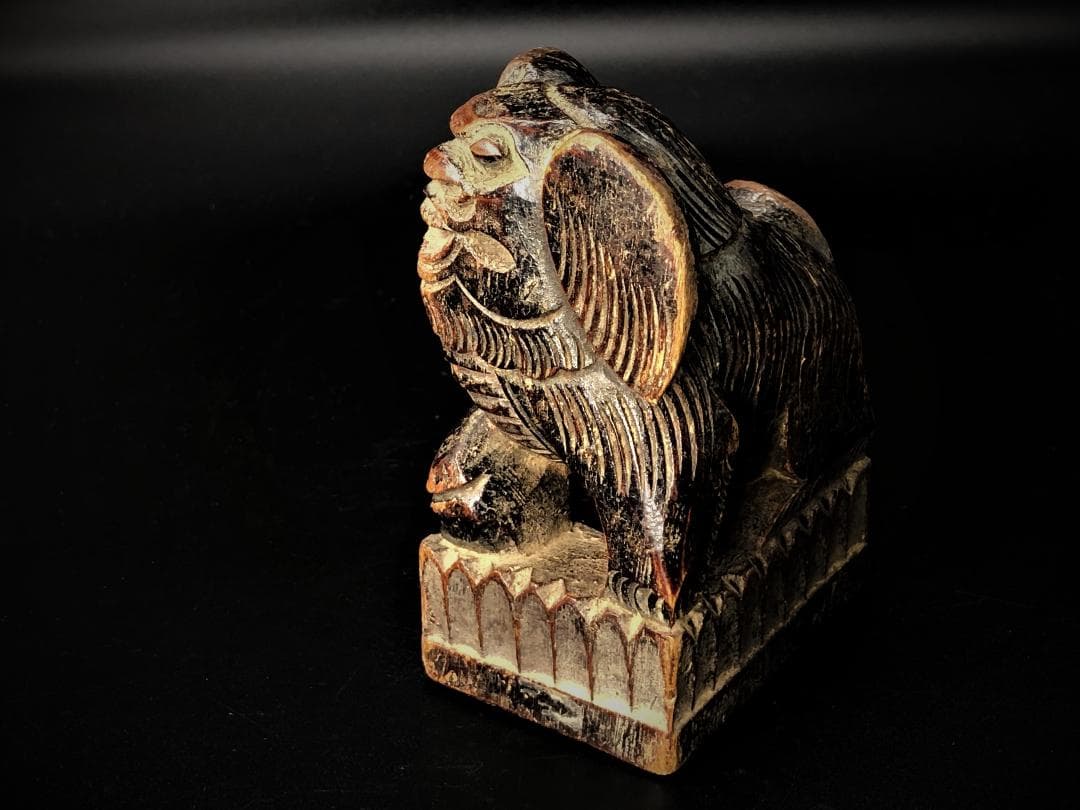 【 木彫玉獅子 元～明代 】　木鼻/柱頭　鑑定蝋印付　中華古玩　　L0205C