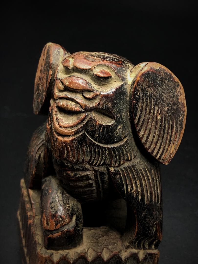 【 木彫玉獅子 元～明代 】　木鼻/柱頭　鑑定蝋印付　中華古玩　　L0205C