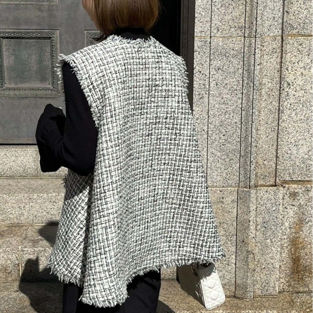 heve ヘイブ ツイードジレ ホワイト ベスト フリンジ Vネック