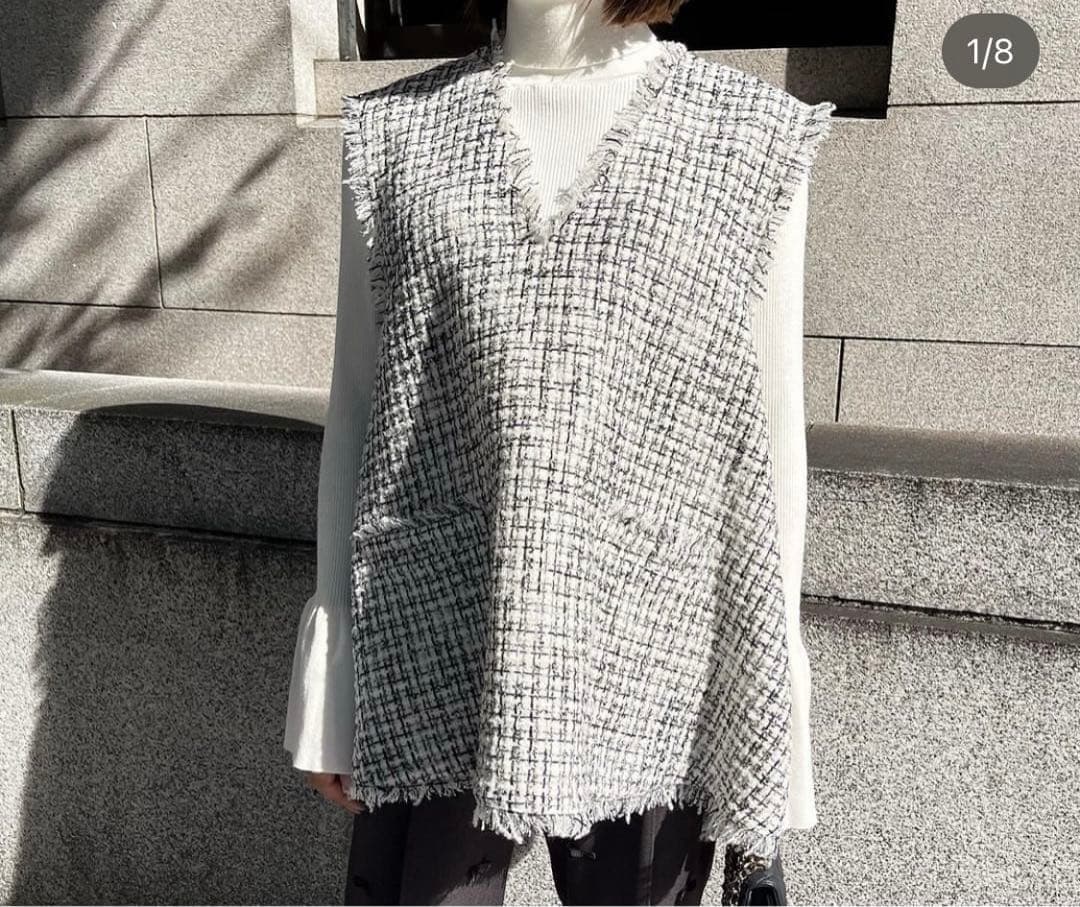 heve ヘイブ ツイードジレ ホワイト ベスト フリンジ Vネック