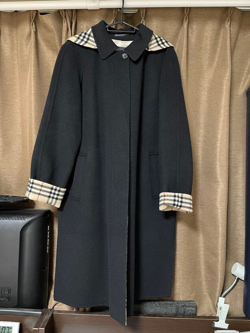 【極美品】BURBERRY LONDONカシミア混ウールロングコートフード付き