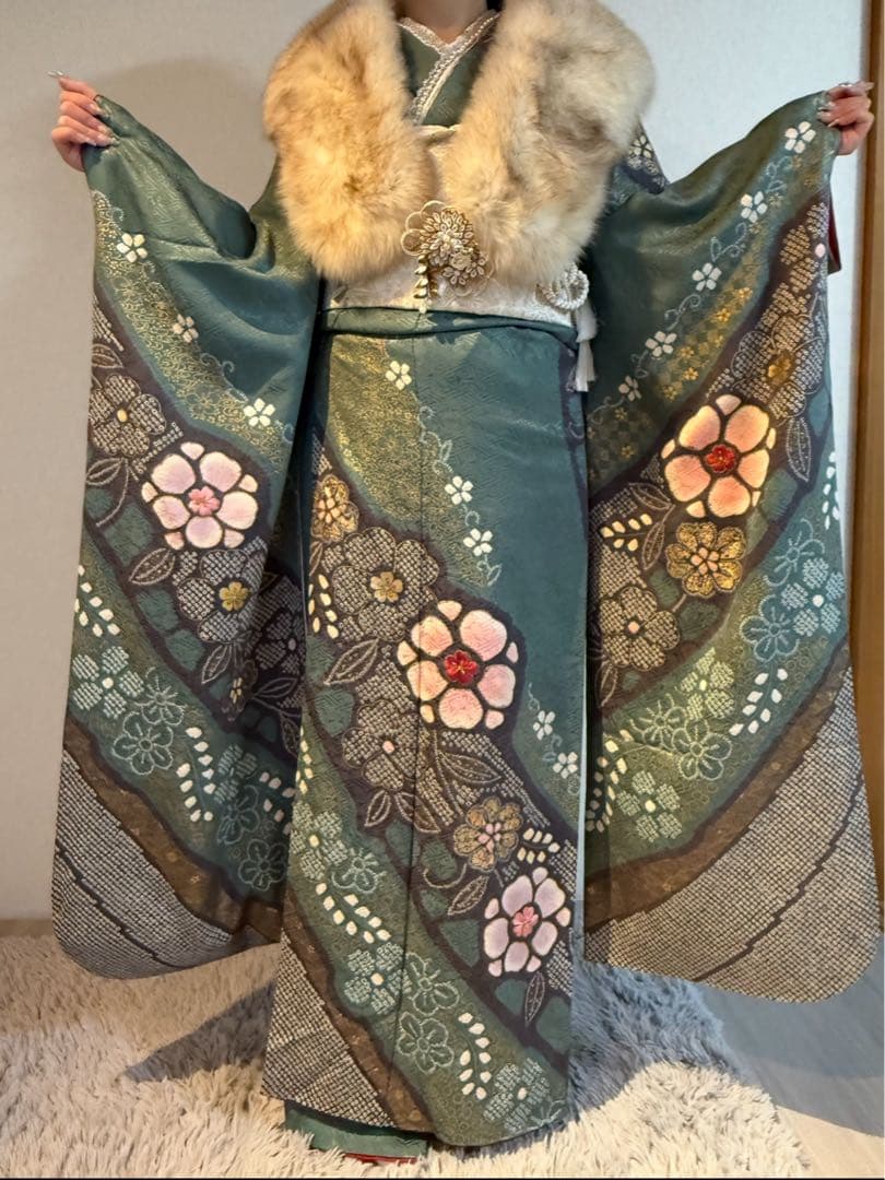 【Lemon】振袖フルセット 鶯色(緑系) 極上絞り 成人式