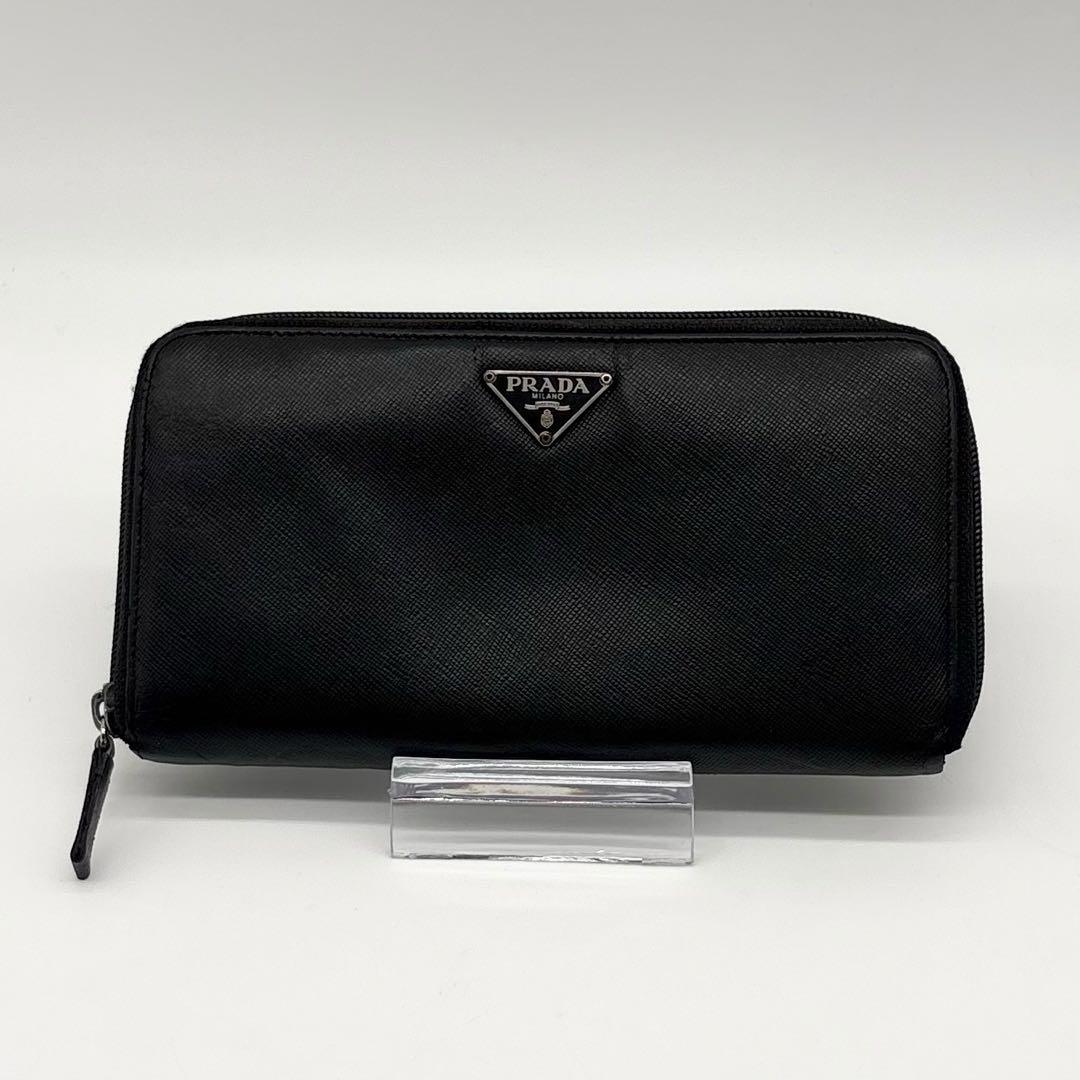 【美品】PRADA レザー サフィアーノ 長財布 型押し ロゴ金具 ブラック