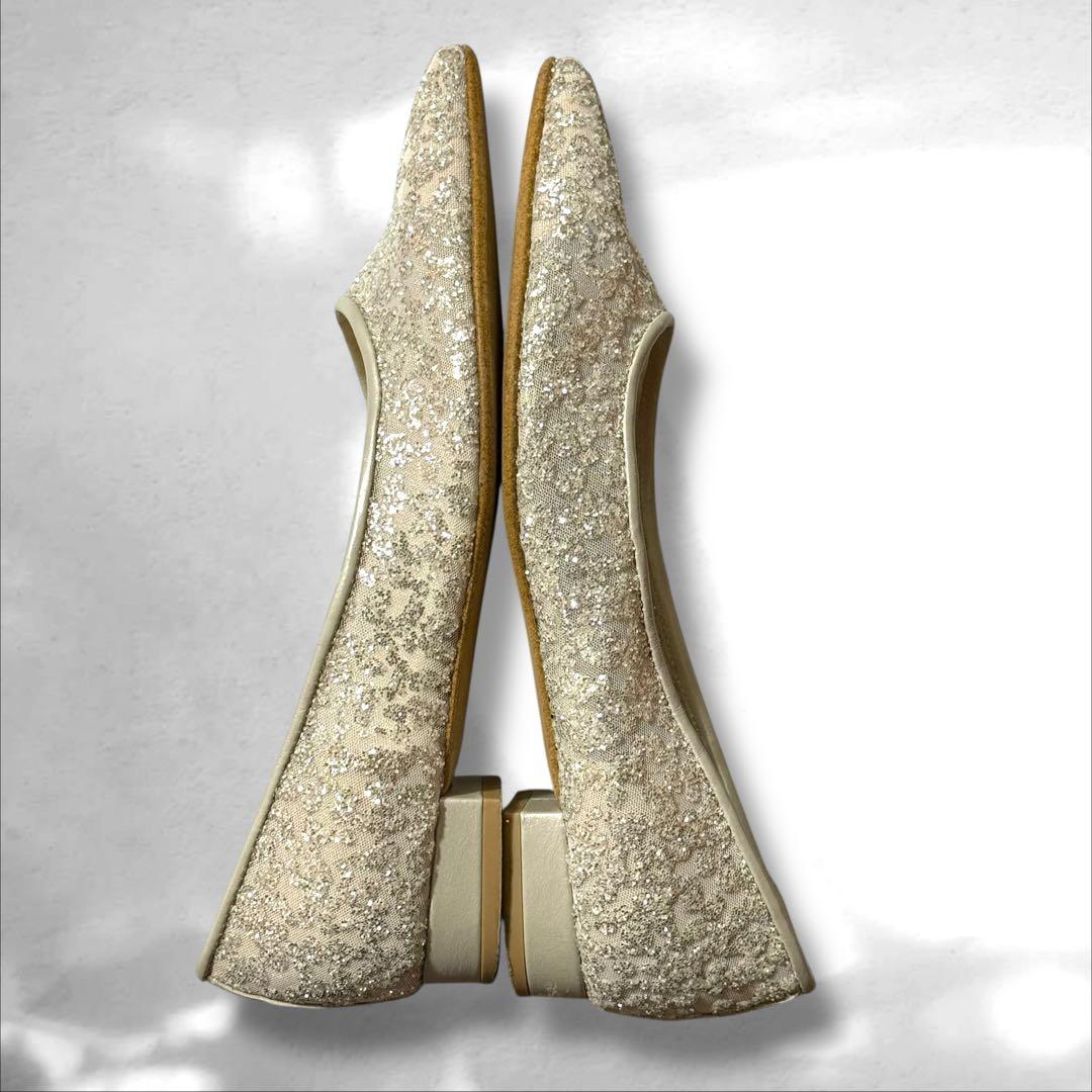 DIANA グリッターチュール　ロングノーズフラットシューズ　プラチナ　23.5