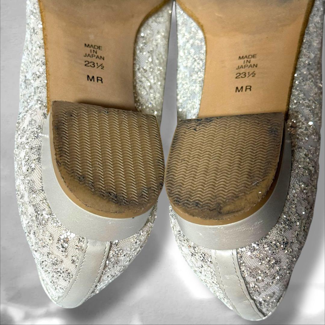 DIANA グリッターチュール　ロングノーズフラットシューズ　プラチナ　23.5