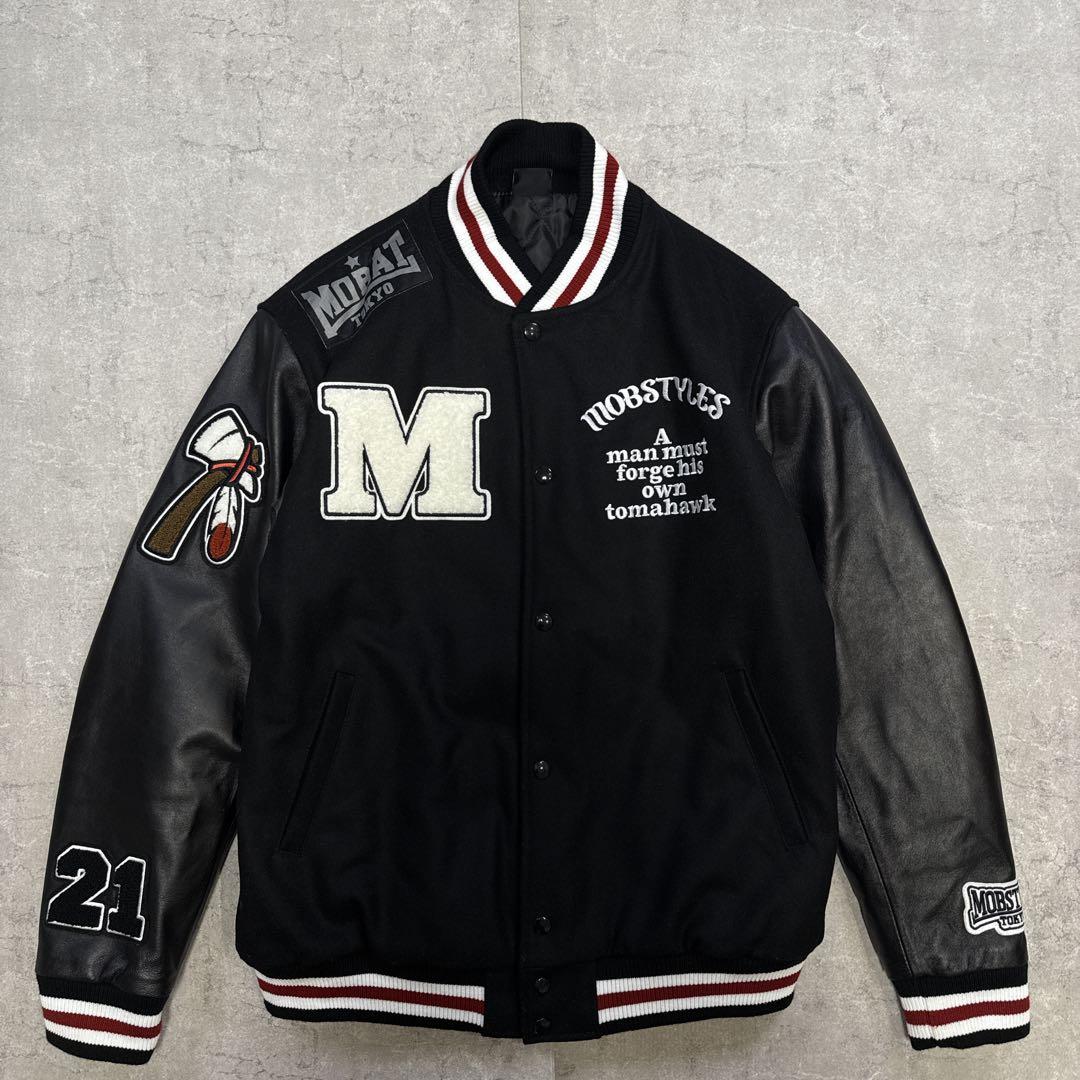 【美品】MOBSTYLES スタジャン 牛革袖 トマホーク刺繍 モブスタイル Ｌ