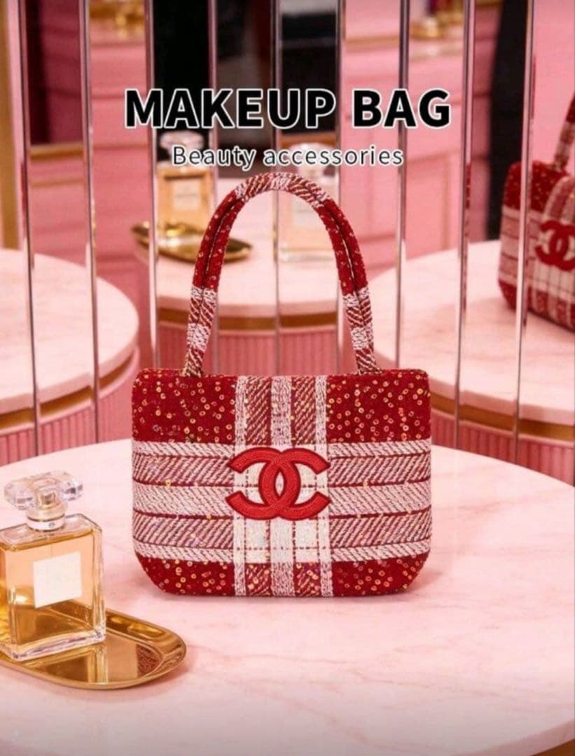 CHANELシャネル☆ノベルティ新品未使用ツイードトートバッグ赤白スパンコール