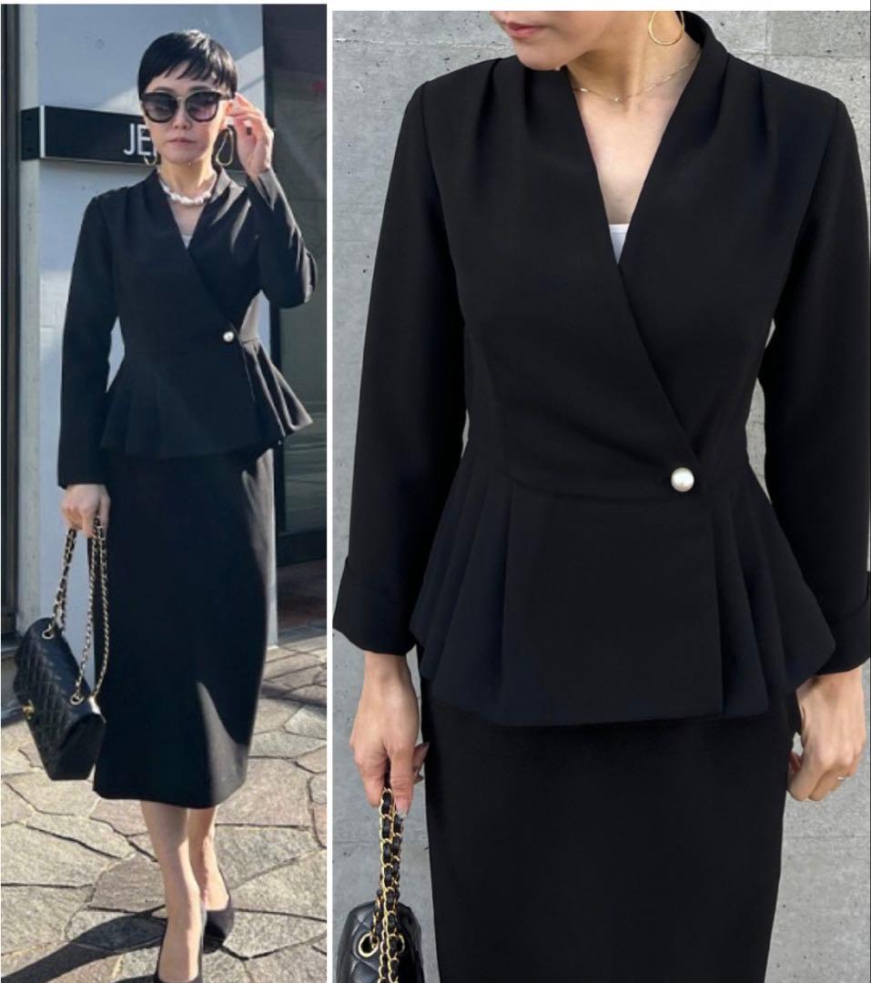 美品JENNEジェンヌ　カシュクールペプラムジャケット黒Mプリーツ　フォーマル